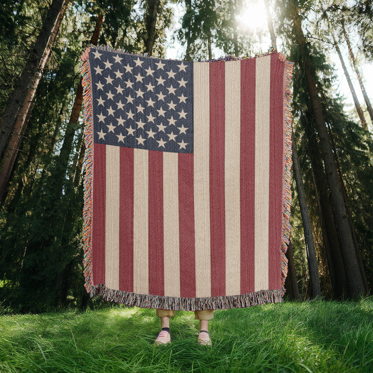 American Flag Woven Throw Blanket – 50 Star USA Flag Cotton Tapestry with Fringe, Patriotic Home Decor, Made in USA