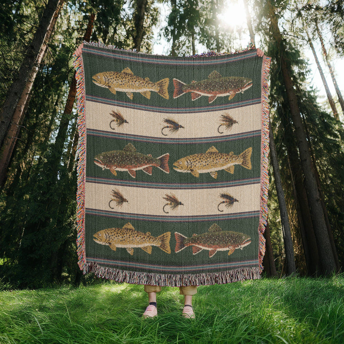 Fly Fishing Trout Woven Throw Blanket – Classic Wet Fly & Brown Trout Tapestry with Fringe, Rustic Cabin Gift, Made in USA