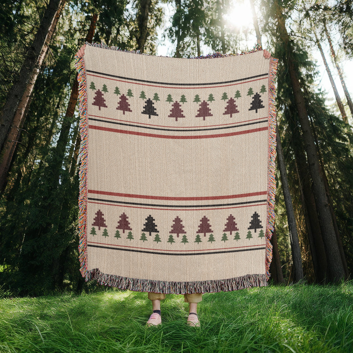 Evergreen Pine Forest Christmas Throw Blanket | Handwoven Fringed Cotton | Woven Tree Holiday Throw