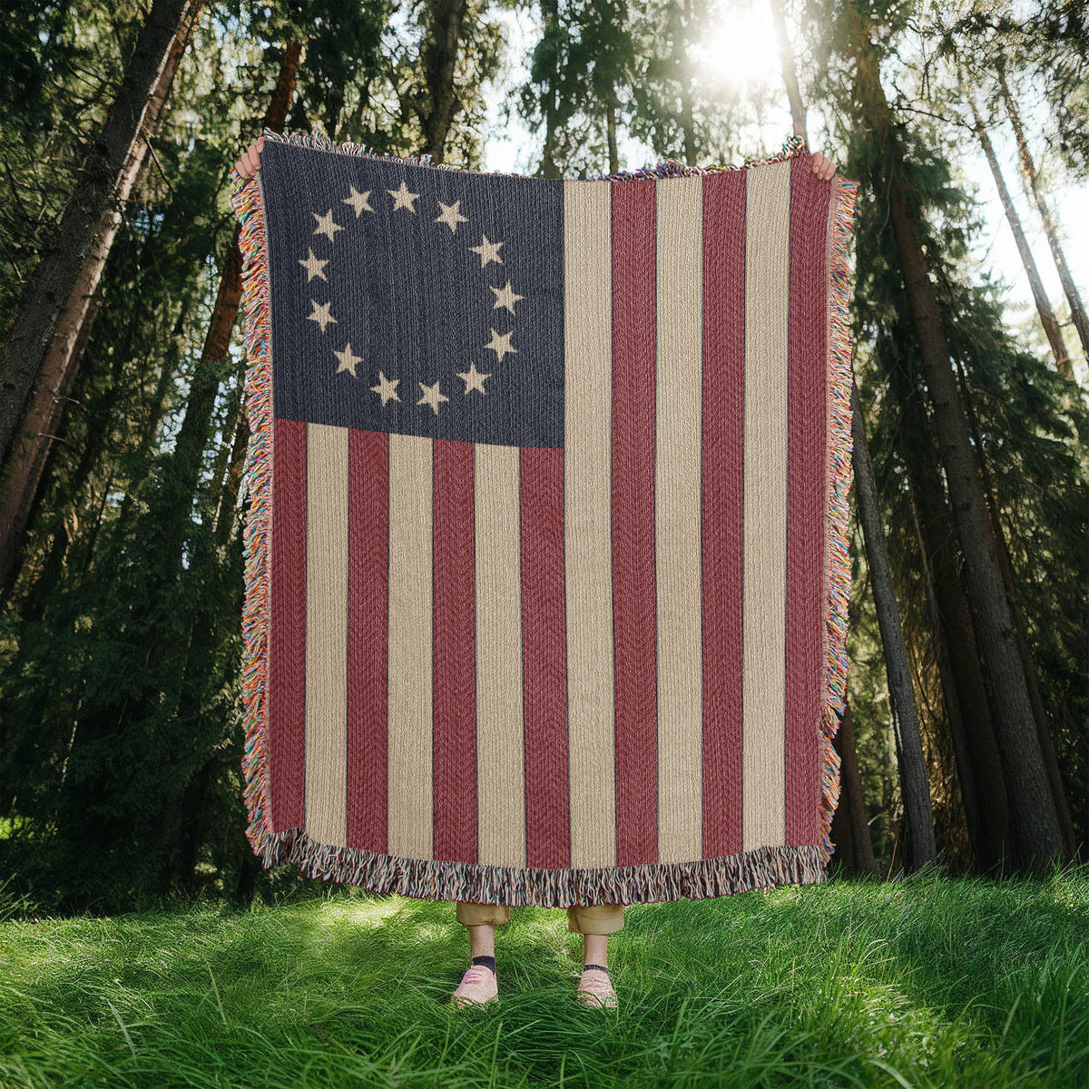 Betsy Ross Flag Woven Throw Blanket – 13 Star 1777 Colonial American Flag, Vintage Cotton Tapestry, Made in USA