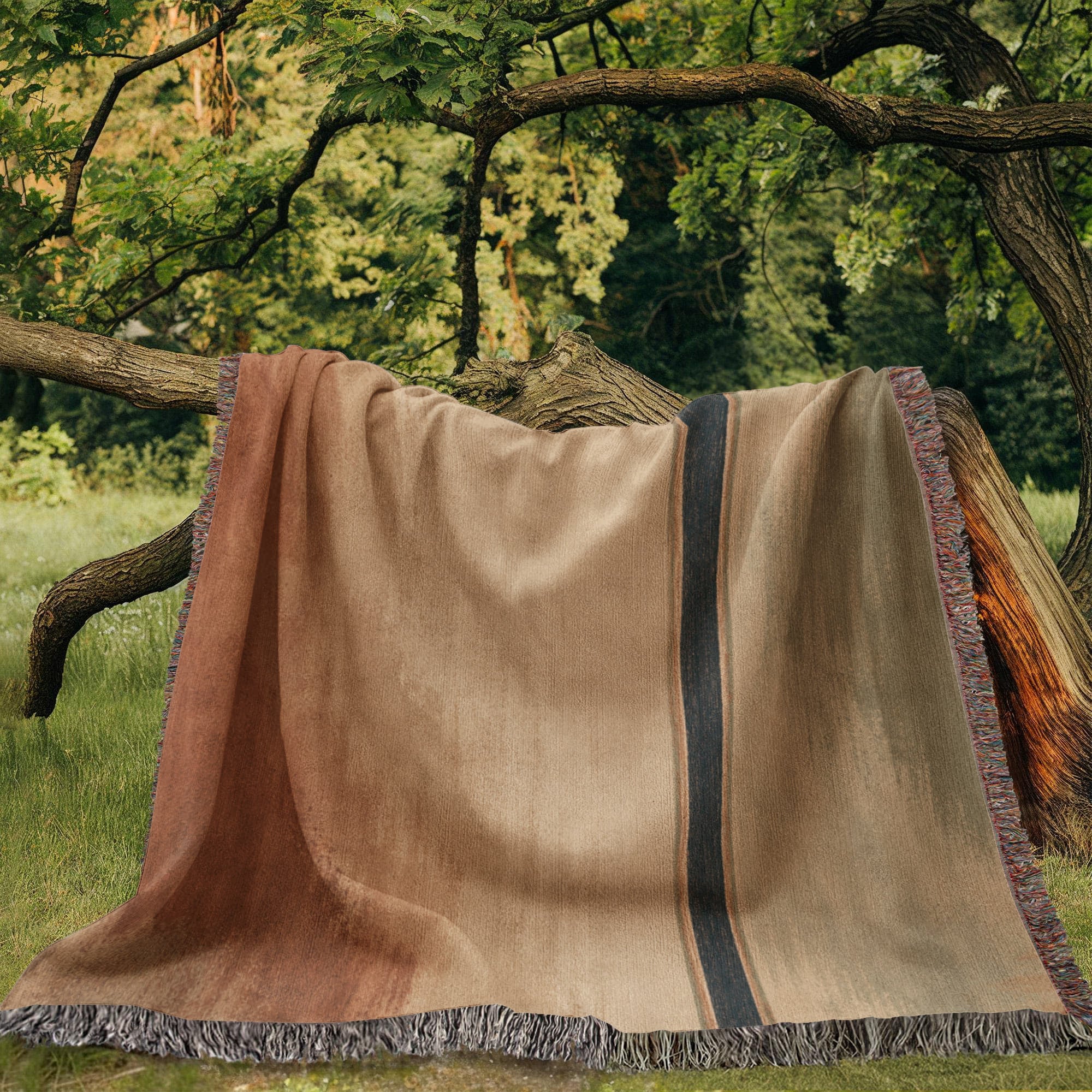 Santa Fe Drift woven cotton throw blanket in terracotta, warm sand, sage green, and charcoal stripe draped over wooden chair, dried botanicals and adobe wall in background