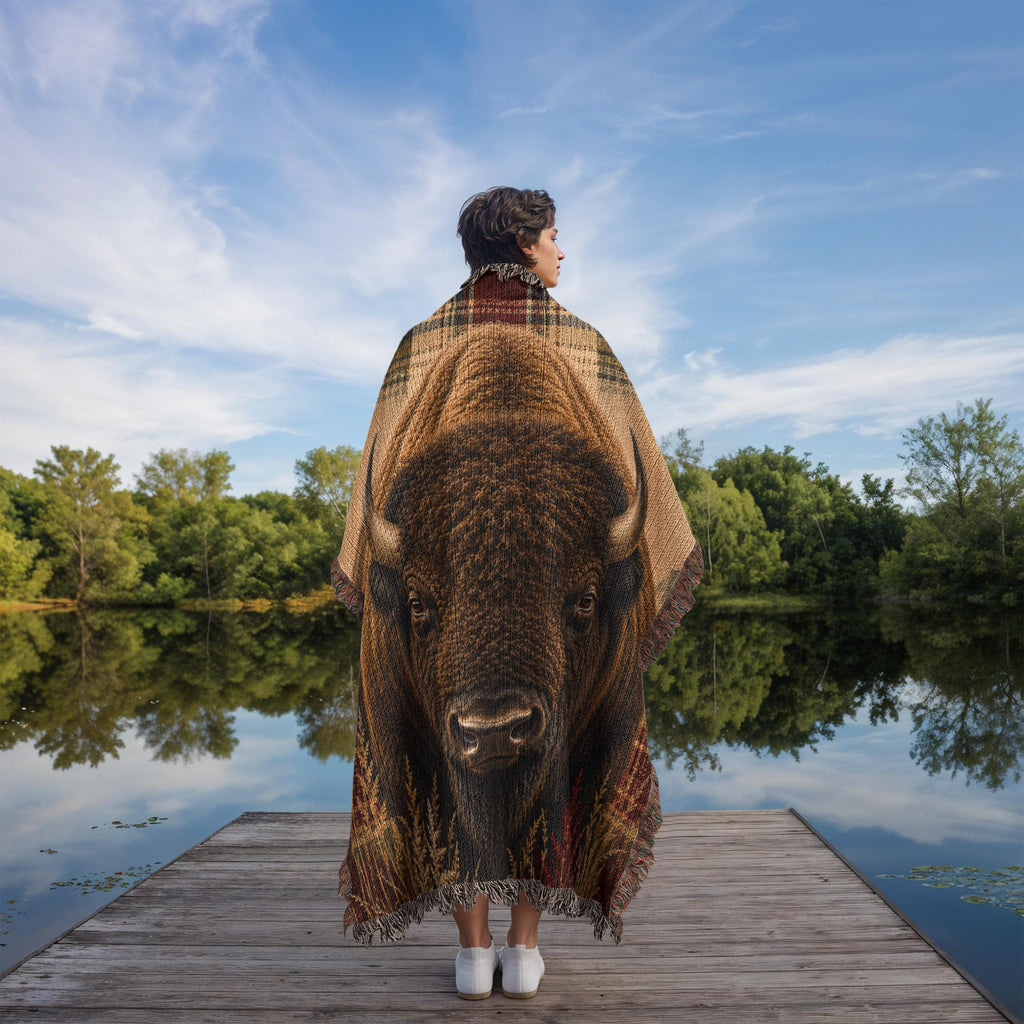 Heritage Buffalo woven cotton throw blanket close detail showing jacquard woven bison portrait, wild grasses, pine treeline and mountain range with plaid border