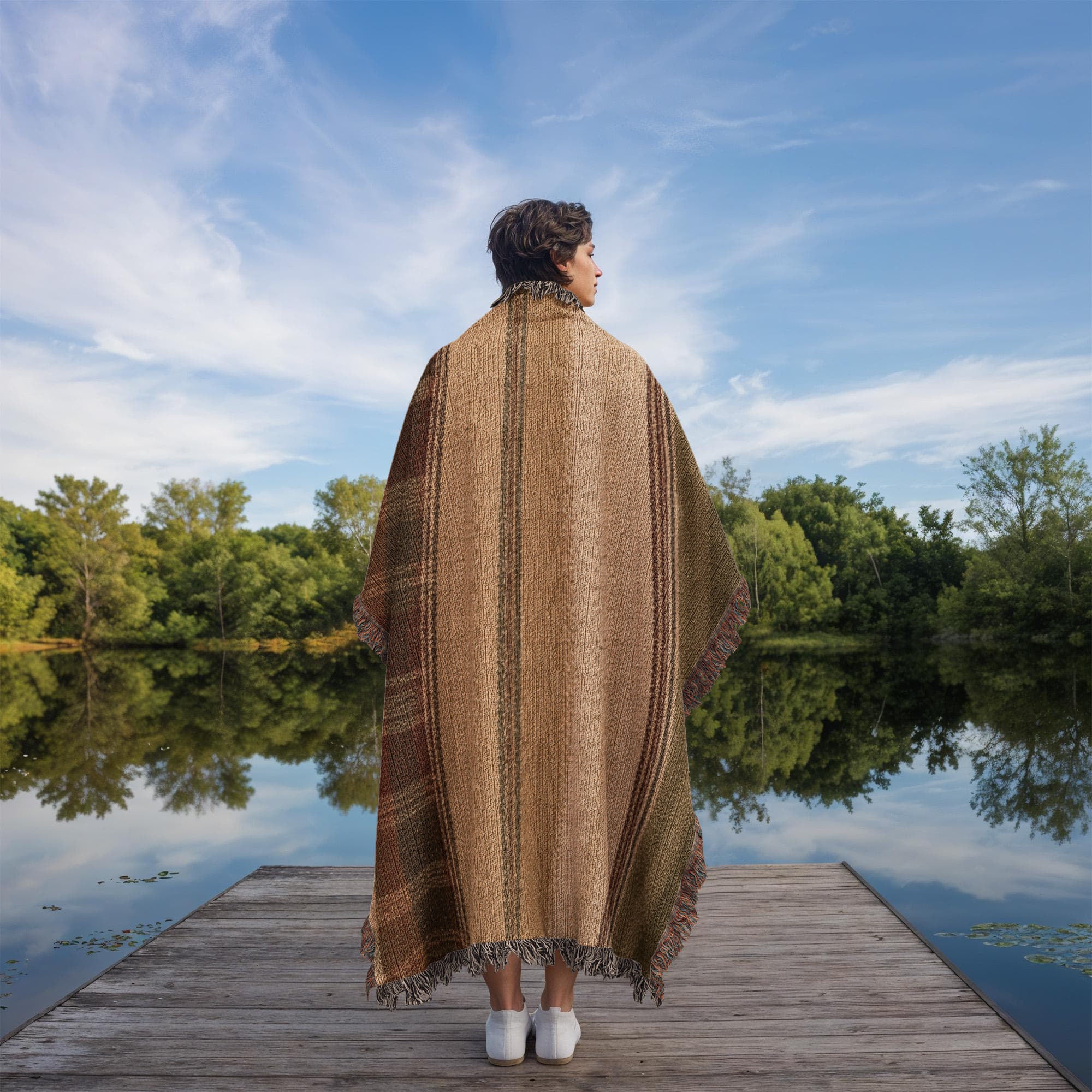 Woman seated outdoors on wooden dock wrapped in Hudson Valley Plaid woven cotton throw blanket, earth tone plaid with multicolor fringe, lake and trees behind her