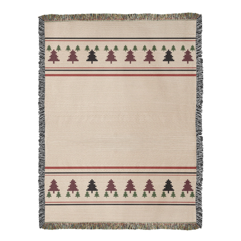 Evergreen Pine Forest Christmas Throw Blanket | Handwoven Fringed Cotton | Woven Tree Holiday Throw