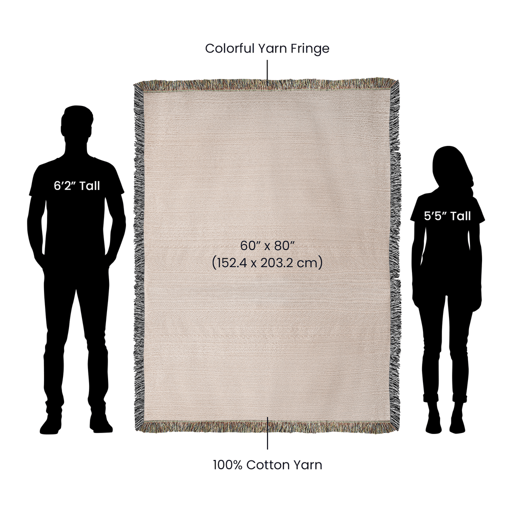 Yellowstone woven throw size chart — 60 inch by 80 inch with silhouette scale reference, 100% cotton



