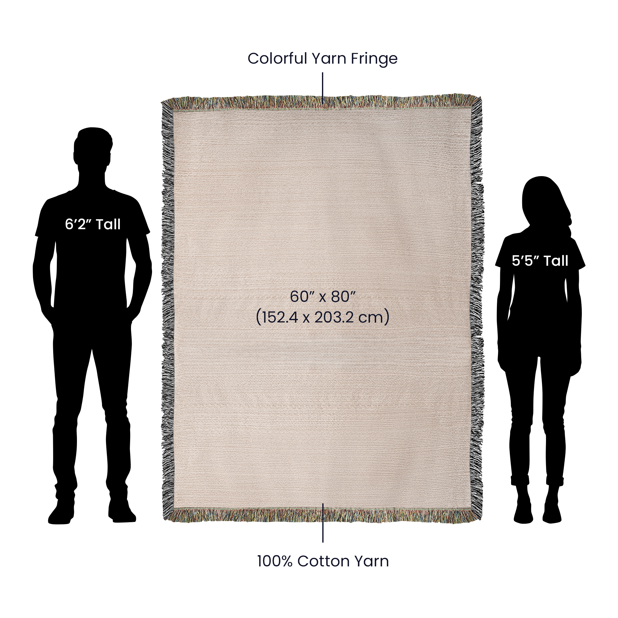 Yellowstone woven throw size chart — 60 inch by 80 inch with silhouette scale reference, 100% cotton


