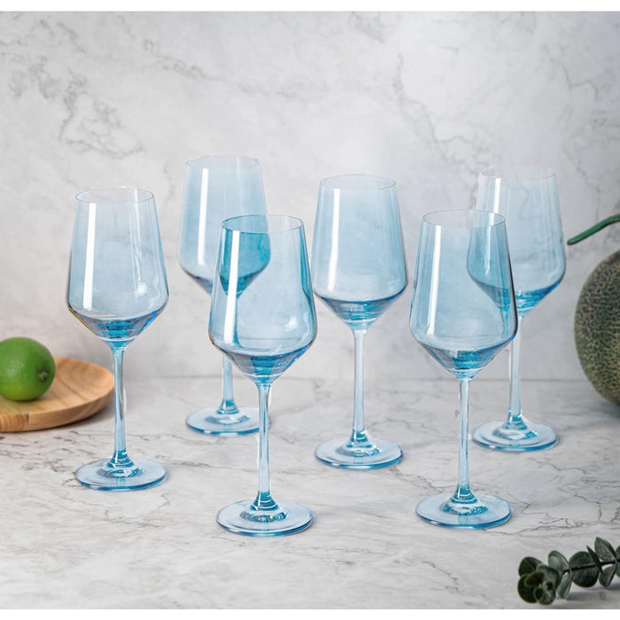 The Wine Savant Blue Wine Glasses Set of 6 - 14 oz Hand-Blown Italian Glassware