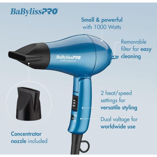 Babyliss BaBylissPRO Nano Titanium Travel Dryer, Blue Hair Dryer