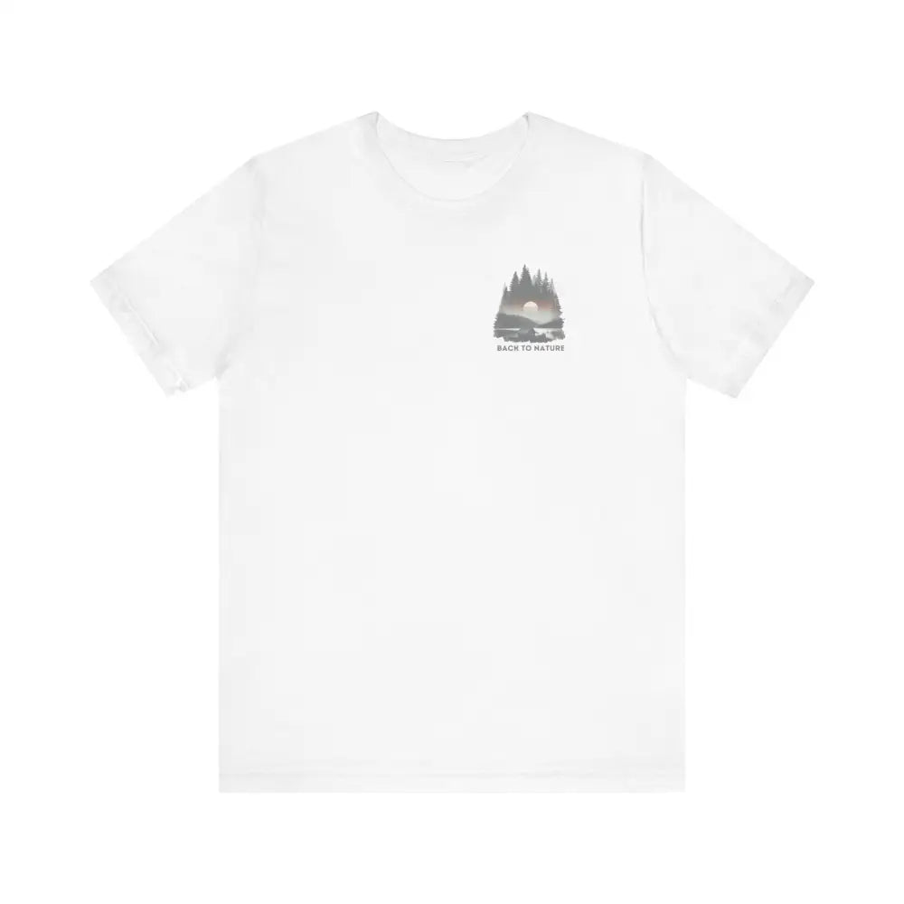 White short-sleeve tee with gray nature graphic, experience tranquility
