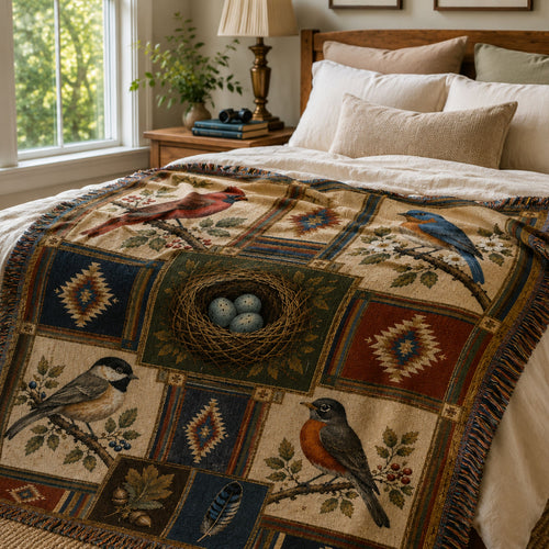 Backyard songbird woven blanket with cardinal, bluebird, chickadee, and robin in a heritage patchwork design with Southwestern diamond motifs and fringe — Trini Skies