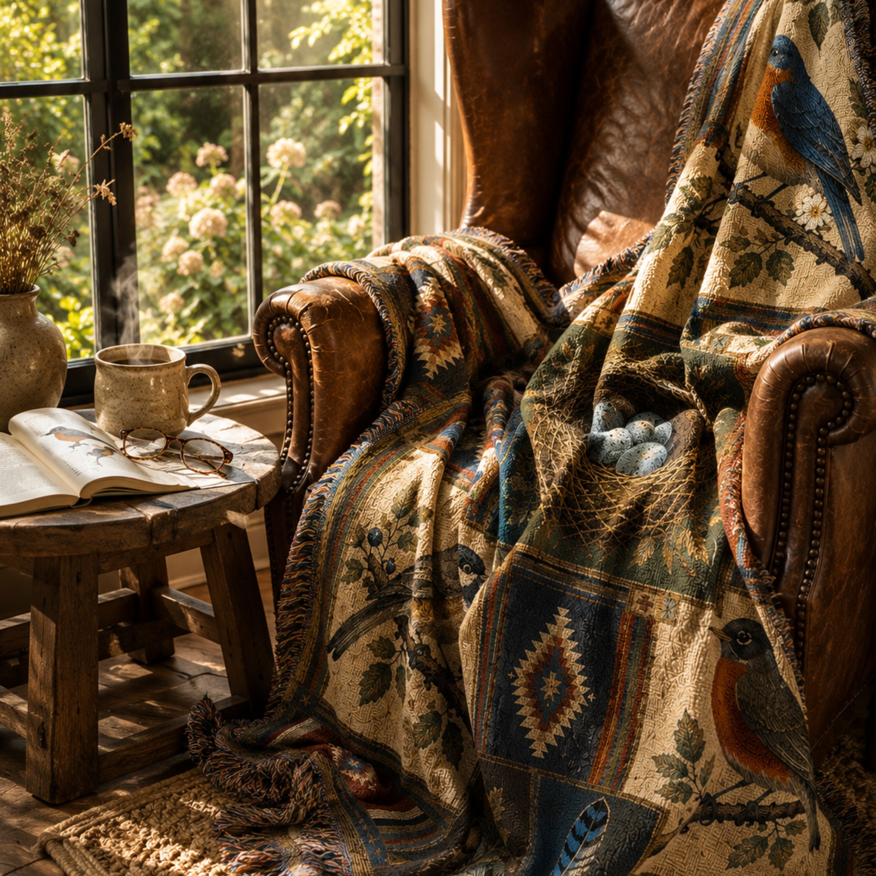 American Songbird woven cotton blanket with cardinal, bluebird, chickadee, and robin, botanical accents, and a woven robin-blue egg nest, a bird lover gift, Trini Skies