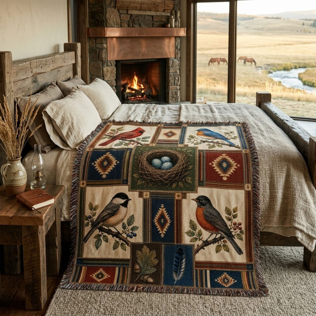 American Songbird Heritage woven cotton throw blanket featuring a cardinal, bluebird, chickadee, and robin with a robin-blue egg nest and multicolor fringe, Trini Skies
