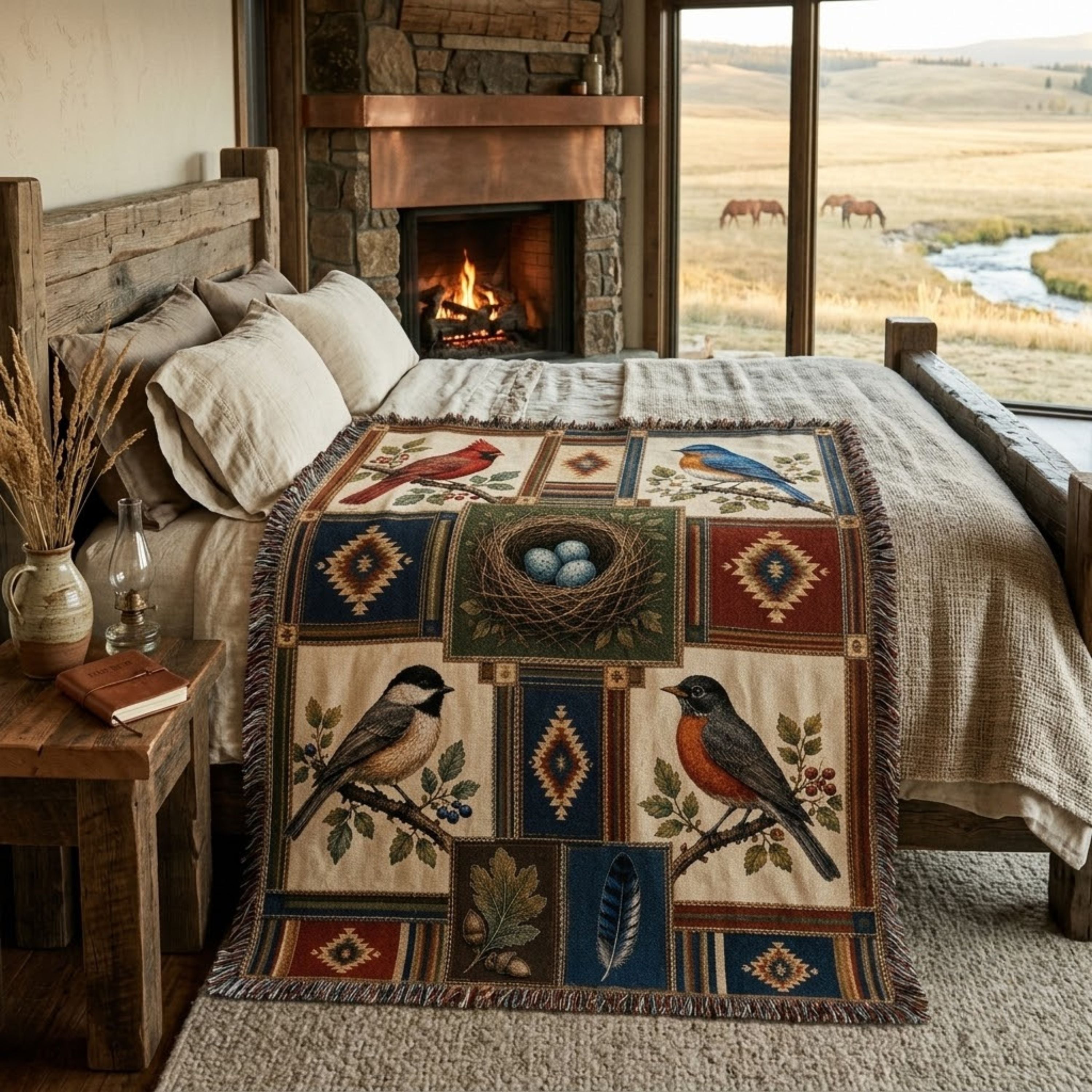 American Songbird Heritage woven cotton throw blanket featuring a cardinal, bluebird, chickadee, and robin with a robin-blue egg nest and multicolor fringe, Trini Skies