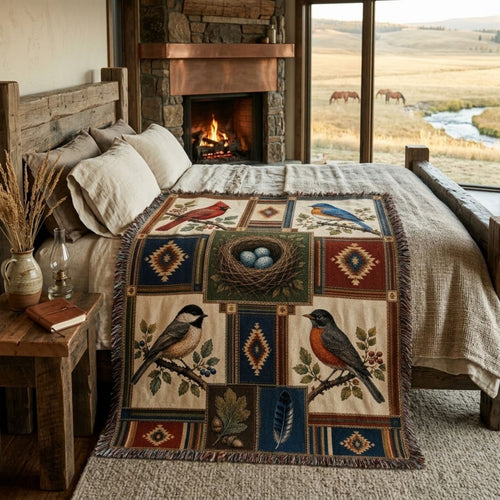 American Songbird Heritage woven cotton throw blanket featuring a cardinal, bluebird, chickadee, and robin with a robin-blue egg nest and multicolor fringe, Trini Skies
