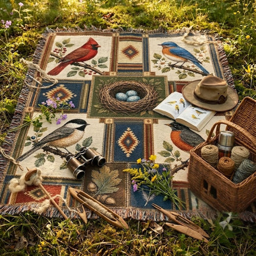 Songbird heritage woven blanket showing the full patchwork design with four beloved backyard birds and a robin-blue egg nest, 100% cotton with fringe, Trini Skies