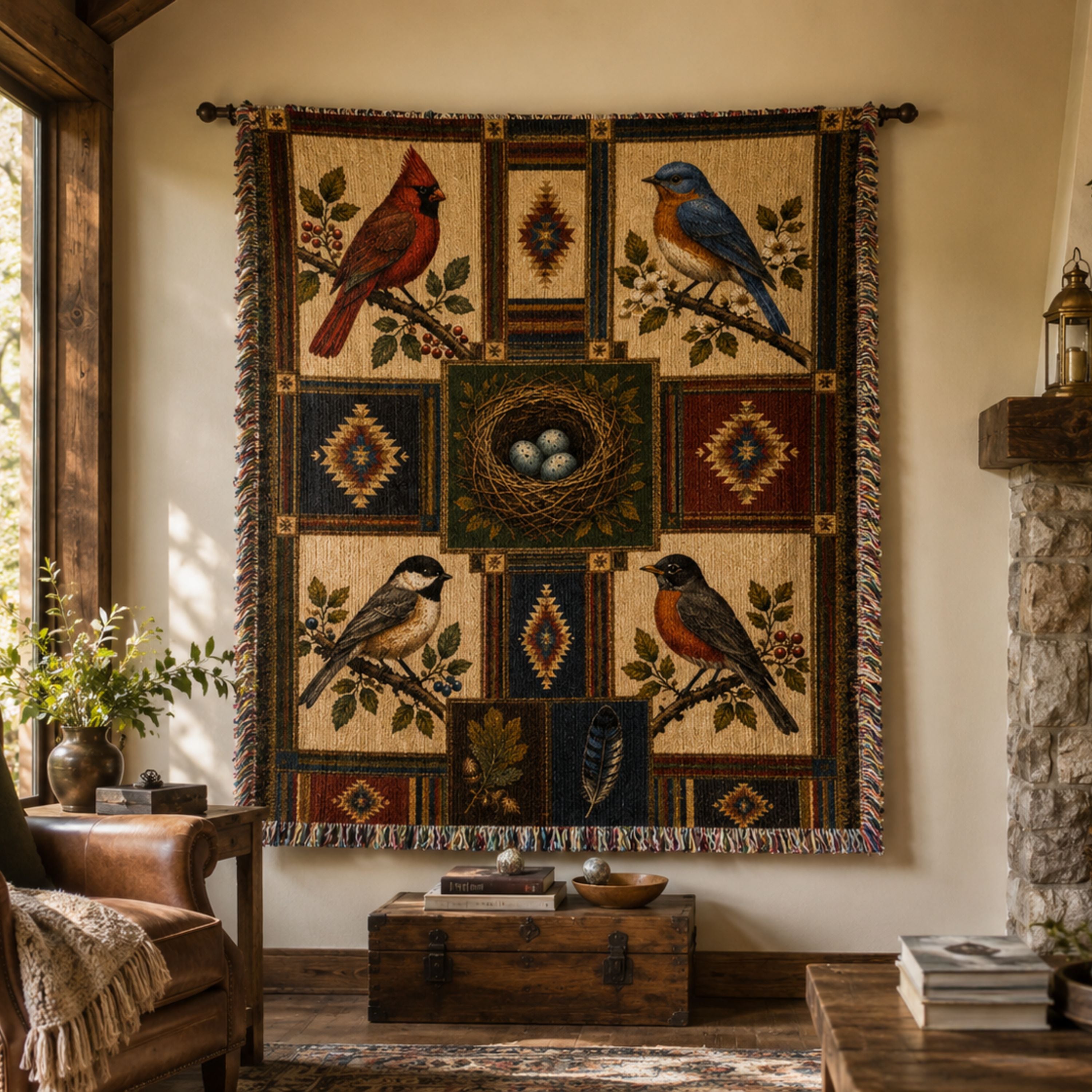 American Songbird woven cotton throw blanket with cardinal, bluebird, chickadee, and robin in earthy heritage tones and multicolor fringe, Trini Skies