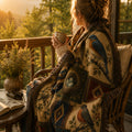 Heirloom songbird woven blanket featuring four North American backyard birds in a heritage patchwork design, a timeless gift for bird lovers, Trini Skies