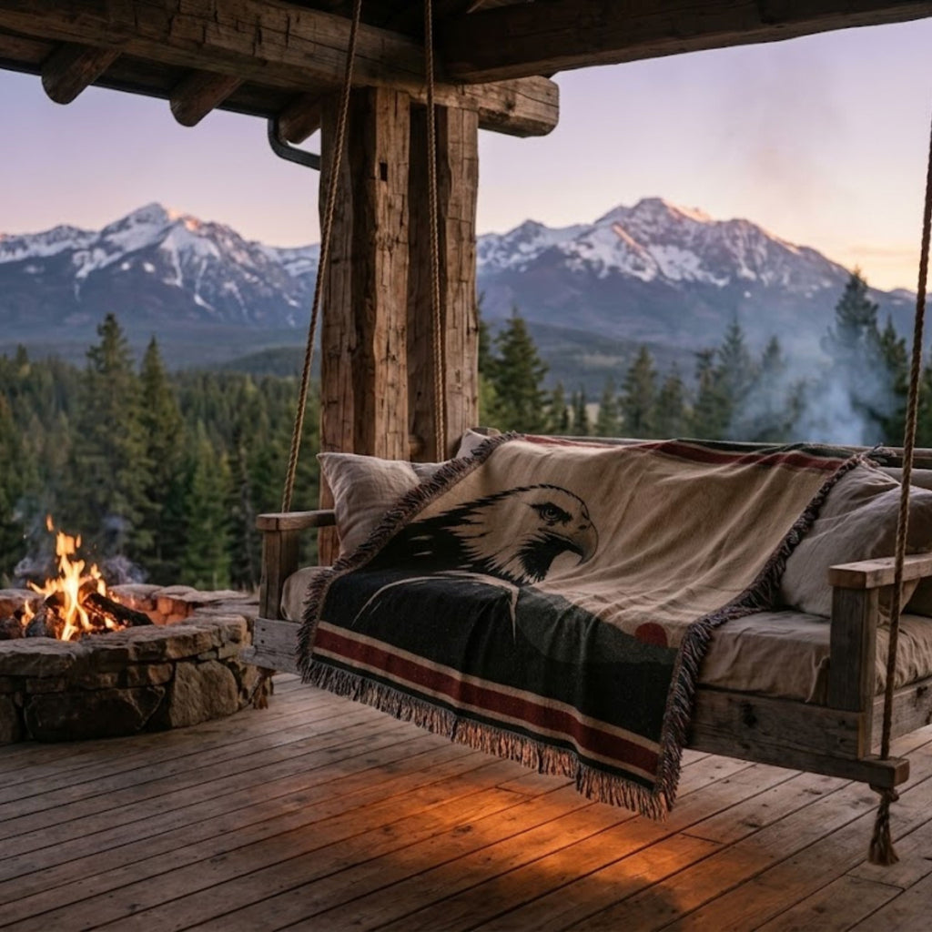 The Sentinel bald eagle woven throw on a cabin porch swing beside a fire pit with snowcapped peaks at dusk