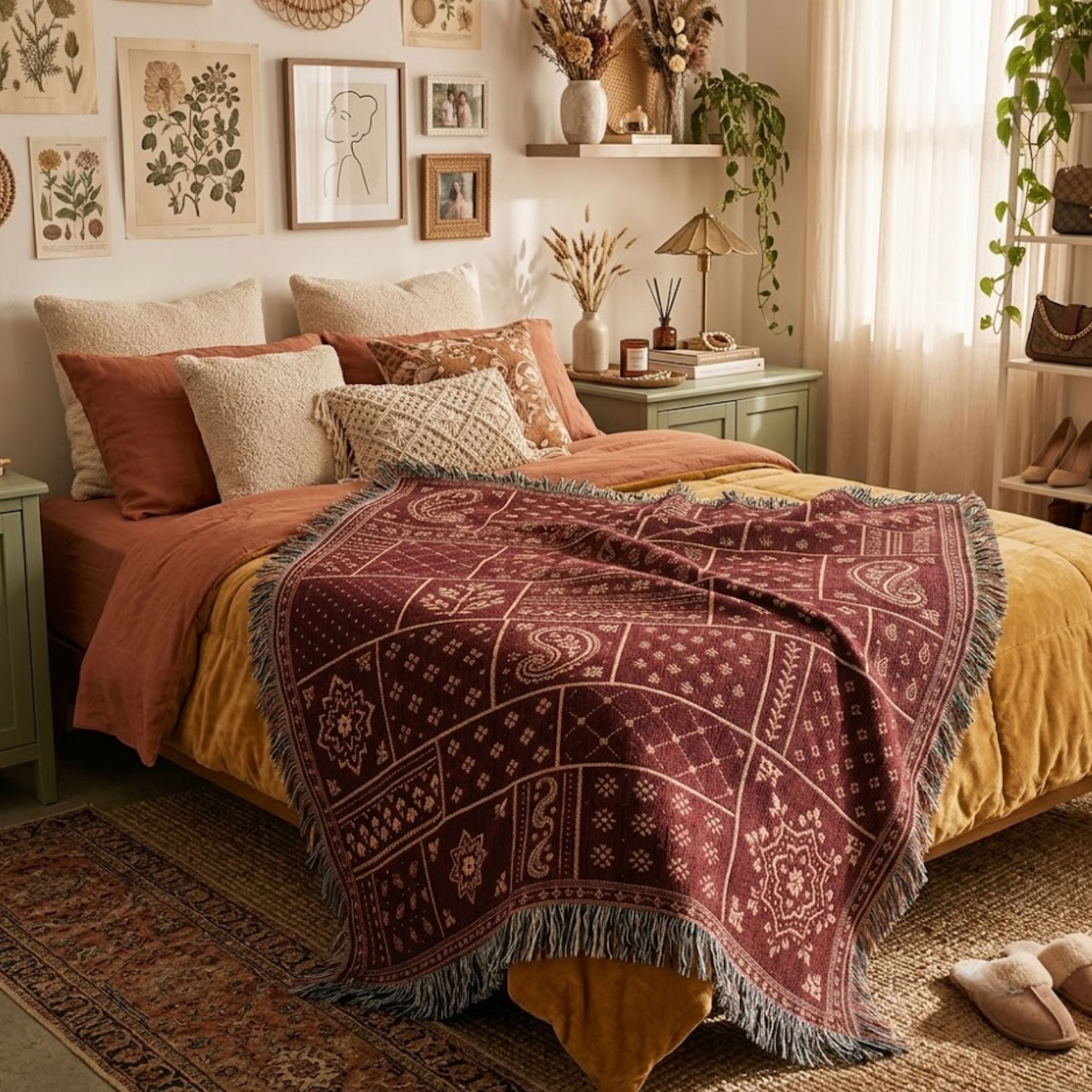 Sundown Bandana paisley patchwork woven cotton throw blanket in brick red and burgundy, draped across a bed, showing the jacquard weave and fringe edge — Trini Skies