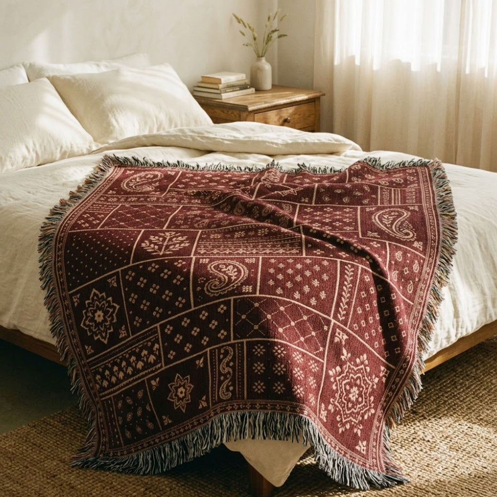 Sundown Bandana paisley patchwork woven cotton throw blanket in brick red and burgundy, styled in a warm, sunlit bedroom — Trini Skies