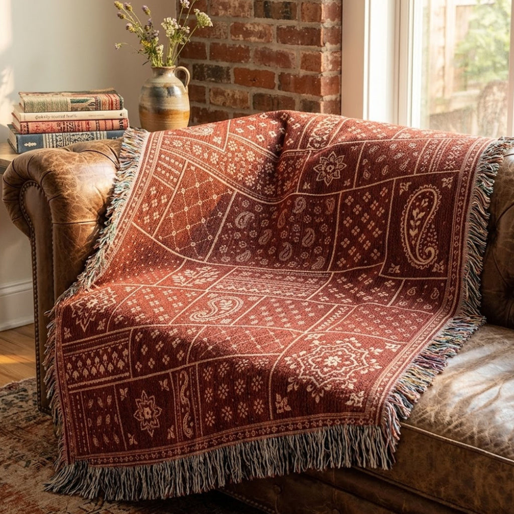 Sundown Bandana paisley patchwork woven cotton throw blanket in brick red and burgundy, draped over a leather sofa, showing the jacquard weave and fringe — Trini Skies