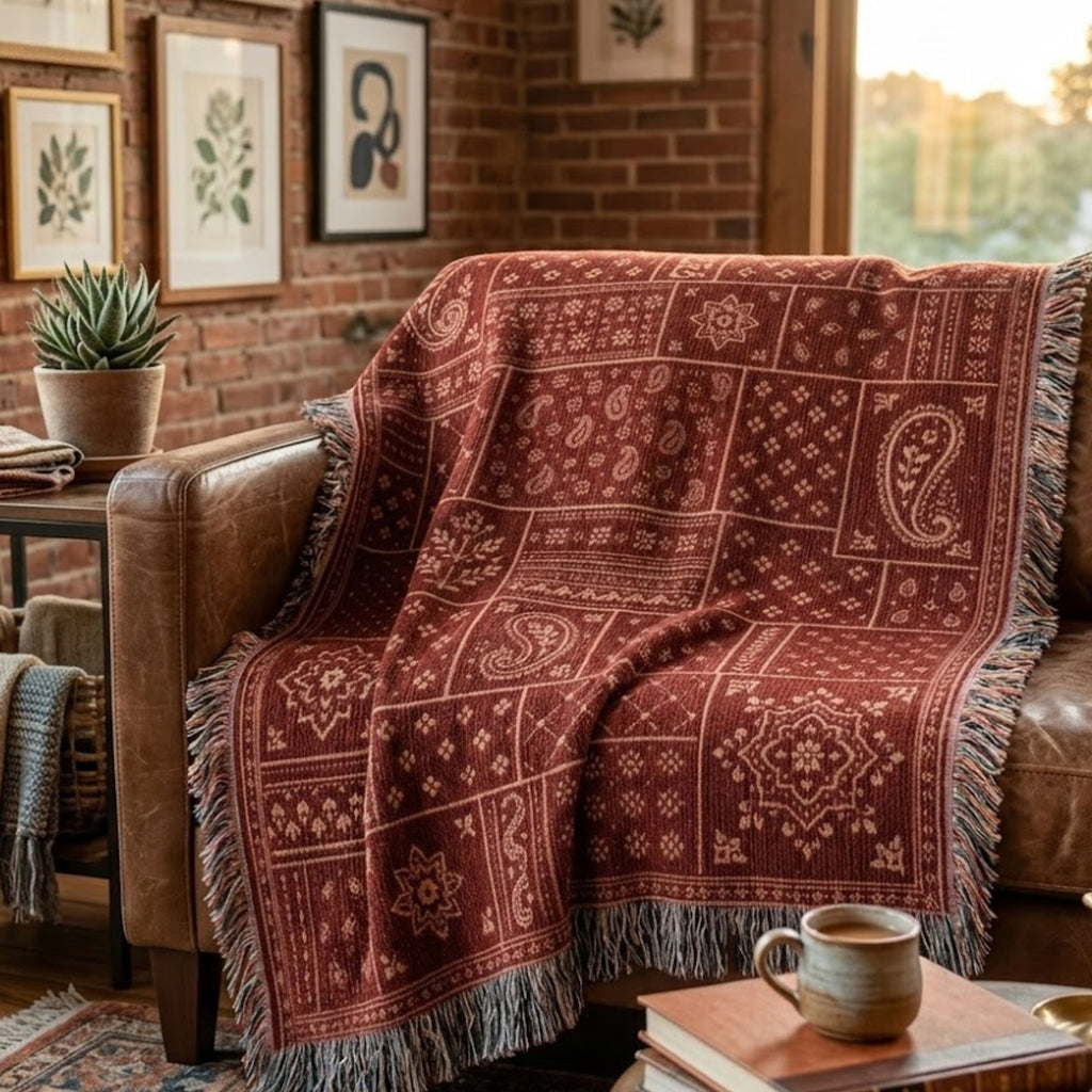 Sundown Bandana paisley patchwork woven cotton throw blanket in brick red and burgundy, draped over a leather sofa — Trini Skies