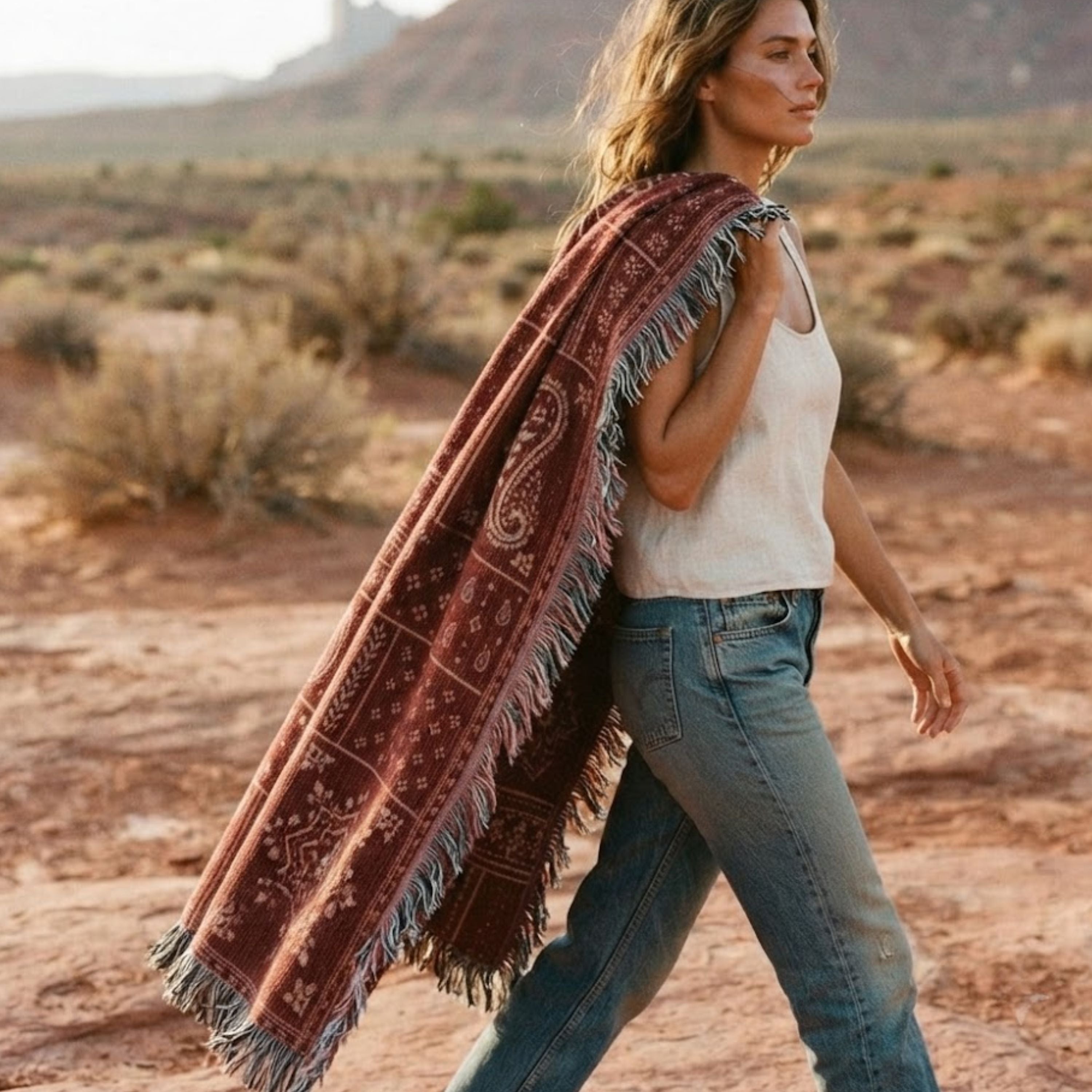 Woman carrying the Sundown Bandana paisley patchwork woven cotton throw blanket over her shoulder while walking through the red rock desert — Trini Skies