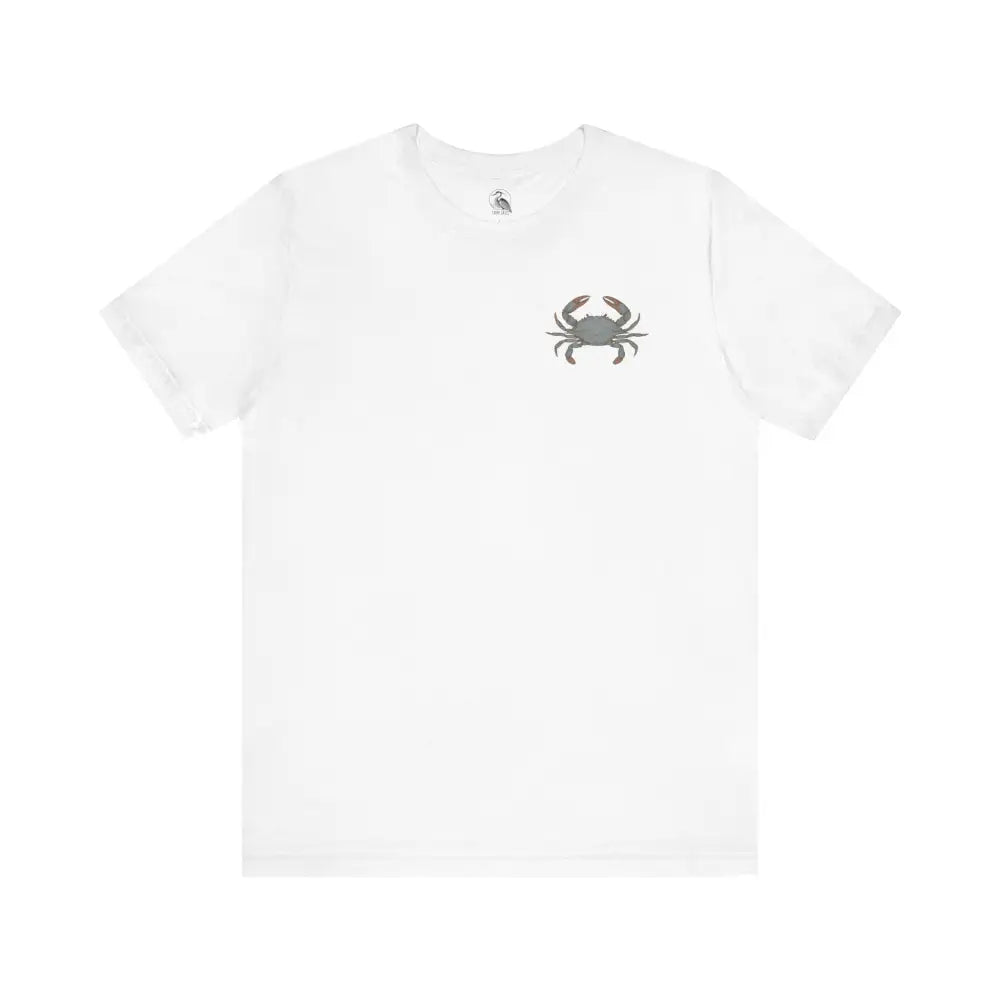 Bay Bound blue crab graphic on white Chesapeake Bay shirt