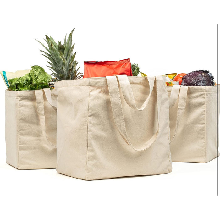 VeraMia Canvas Grocery Bag 3pc XL Set with Pockets, Long Strap & Short Handle