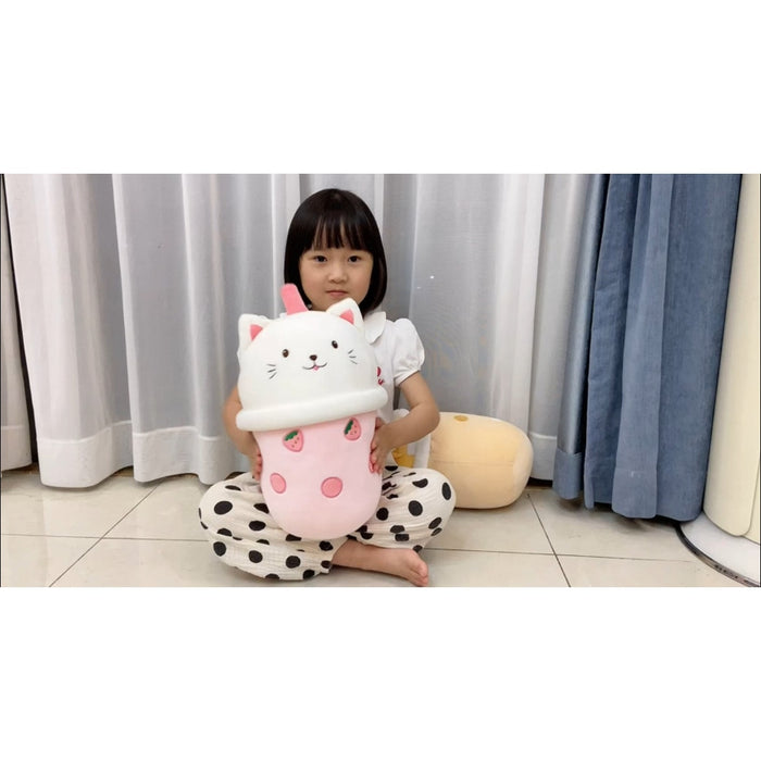 14 Inch Boba Tea Strawberry Cat Plush Pillow - Soft Hugging Toy for Kids & Decor