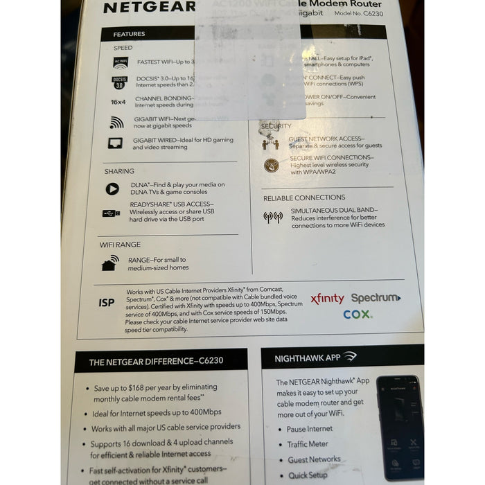 NETGEAR C6230 Cable Modem with Built-in WiFi Router Dual-Band AC1200 Beamforming