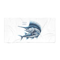 Ocean Spirit customized beach towel with blue marlin, luxuriously soft