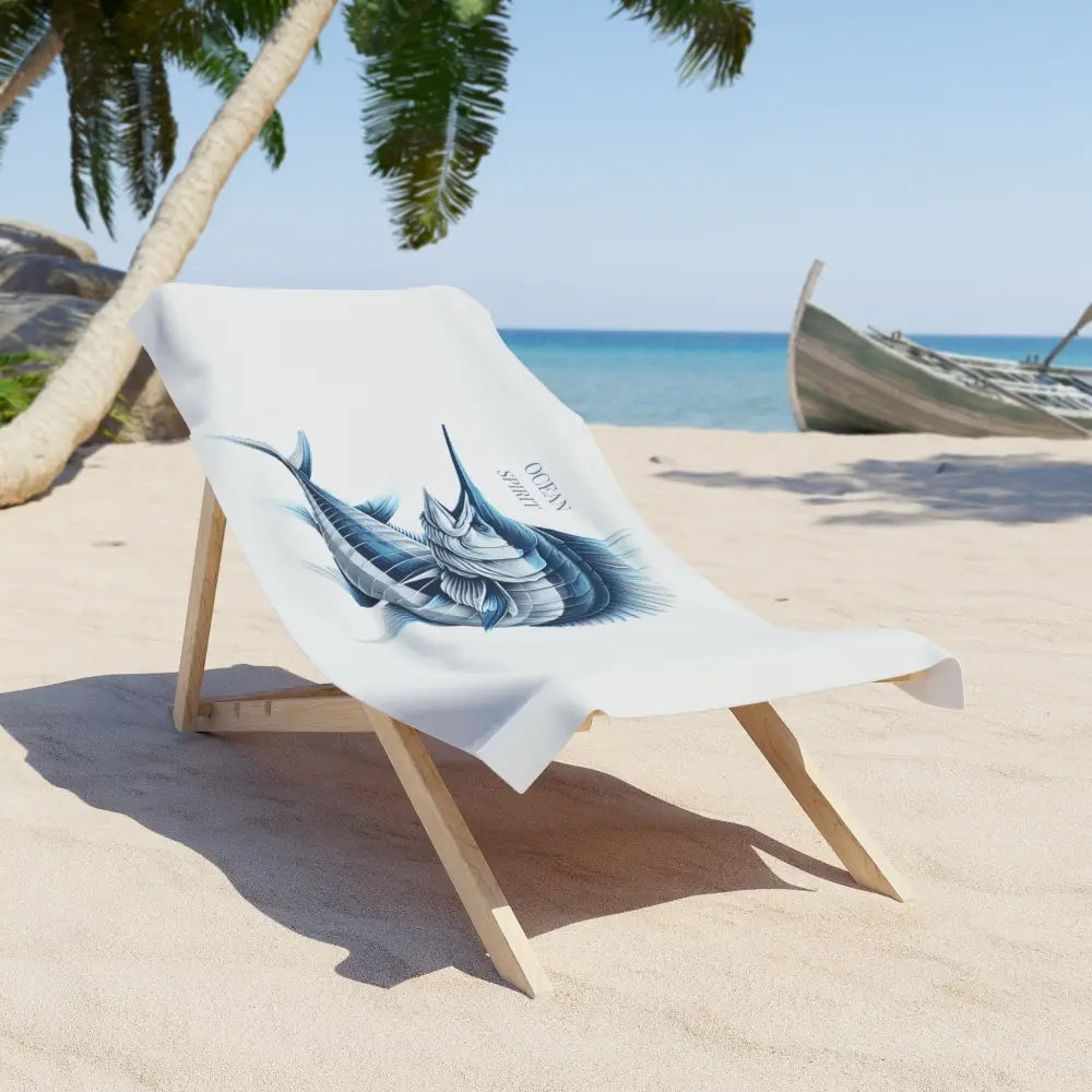 Luxuriously soft customized beach towel with blue swordfish on white