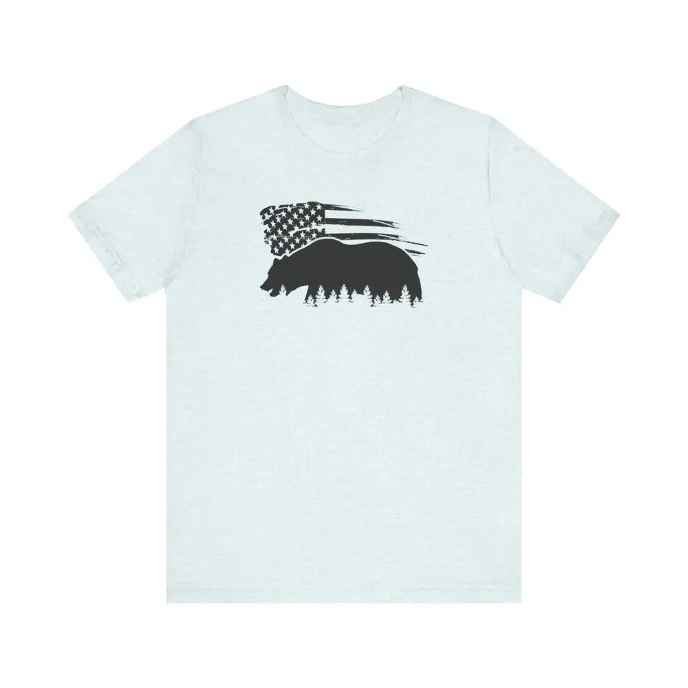 White t-shirt with iconic bear silhouette and American flag graphic