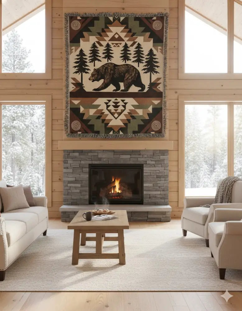 Rustic woodland tapestry throw with woven brown bear among pine trees