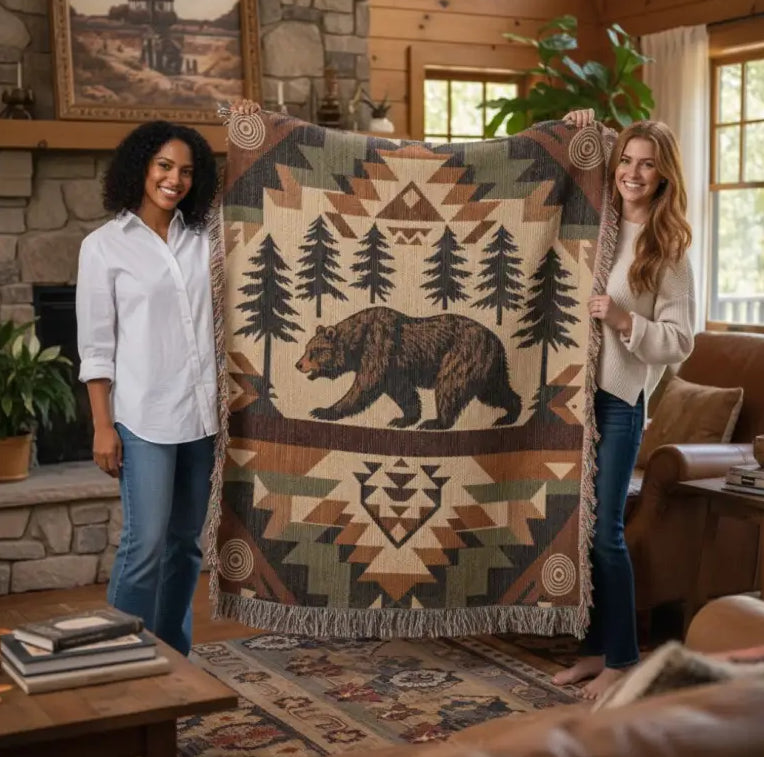 Rustic woodland tapestry throw with southwestern bear in forest scene