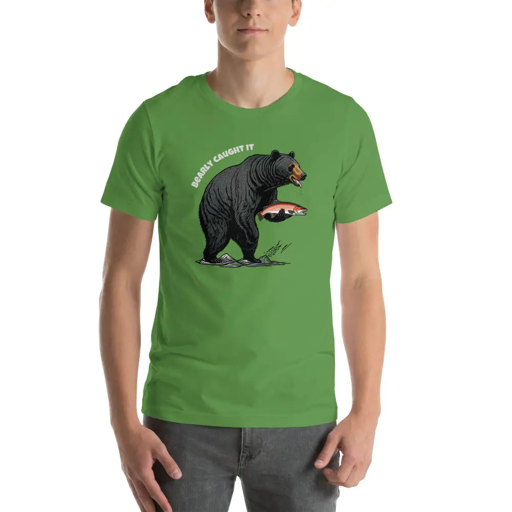 Green black bear fishing t-shirt with Bearly Caught It graphic