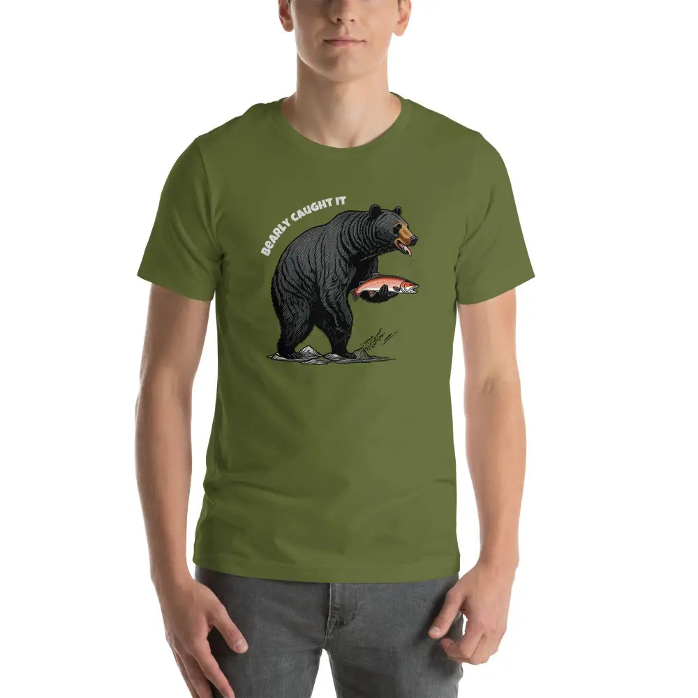 Olive green black bear fishing t-shirt with Bearly Caught It graphic