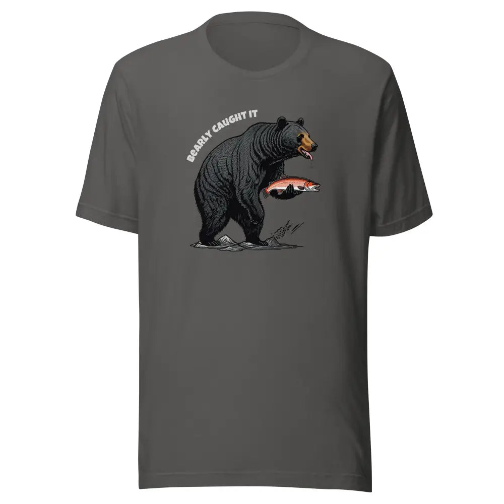 Dark gray black bear fishing t-shirt with Bearly Caught It graphic