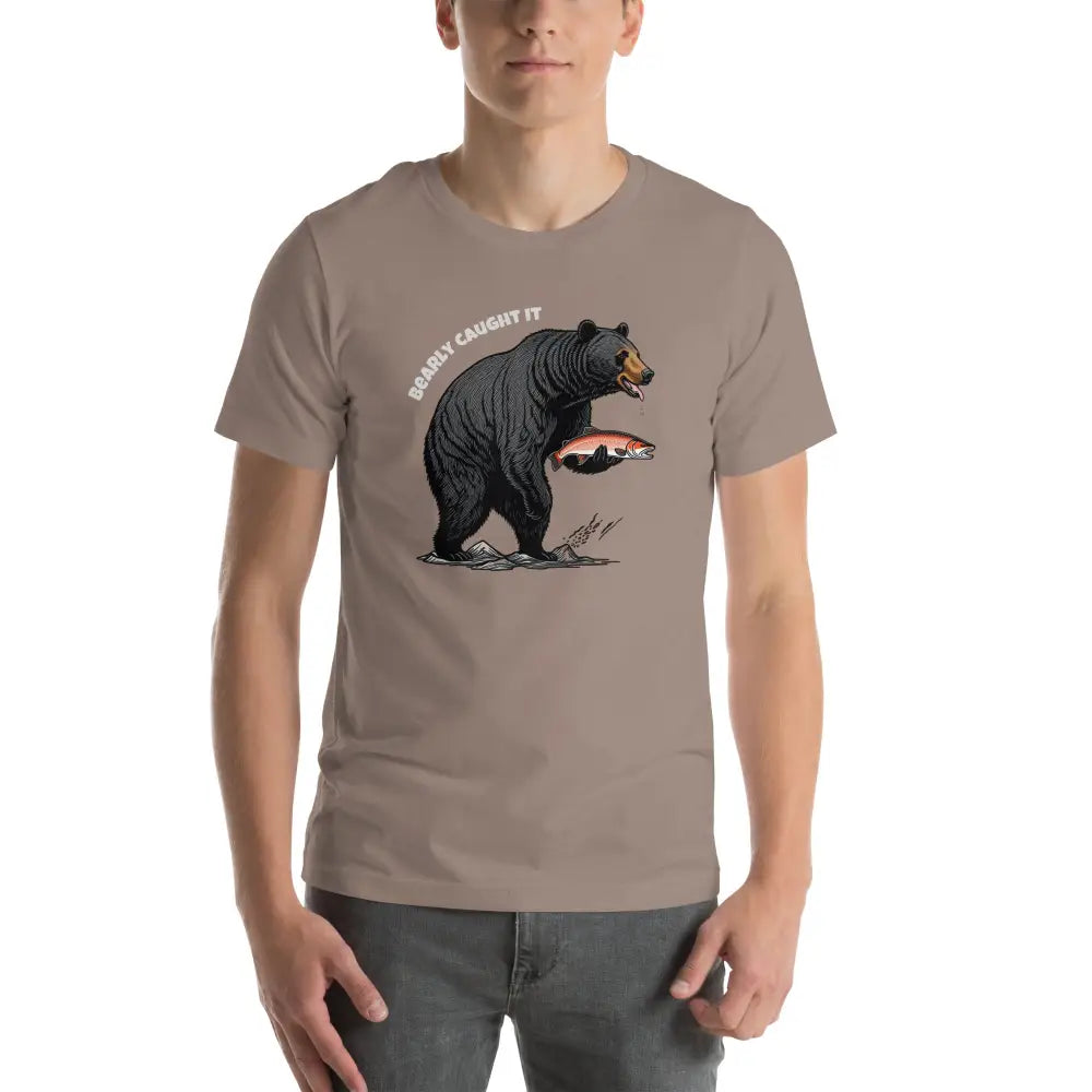 Black bear fishing t-shirt with graphic of bear holding fish