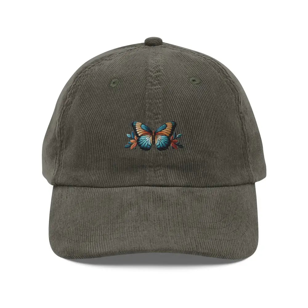Butterfly embroidered vintage corduroy baseball cap with flowers