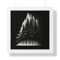 Beautiful forest framed vertical poster of stylized black and white pine trees