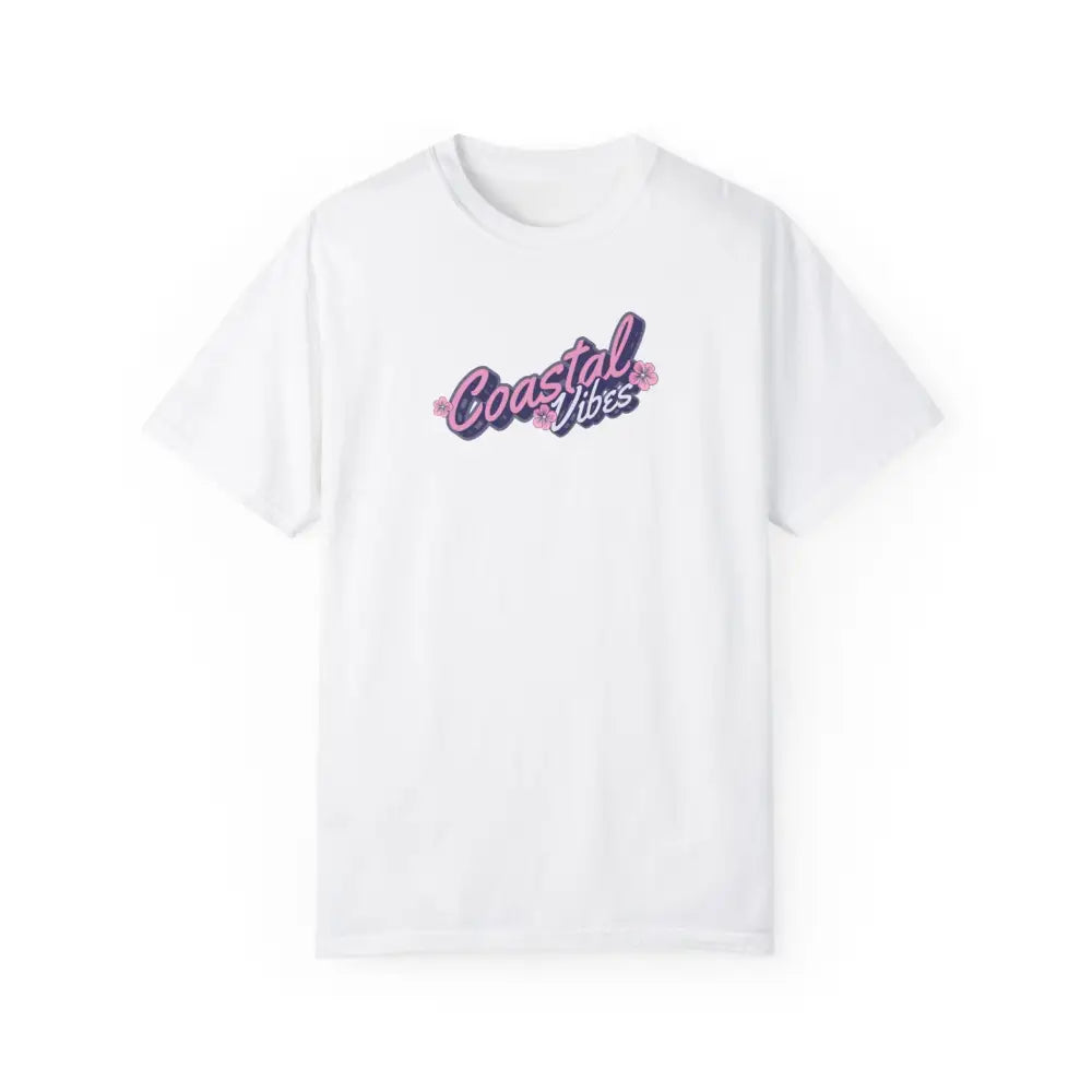 Garment-dyed unisex Coastal Vibes graphic tee in white cotton