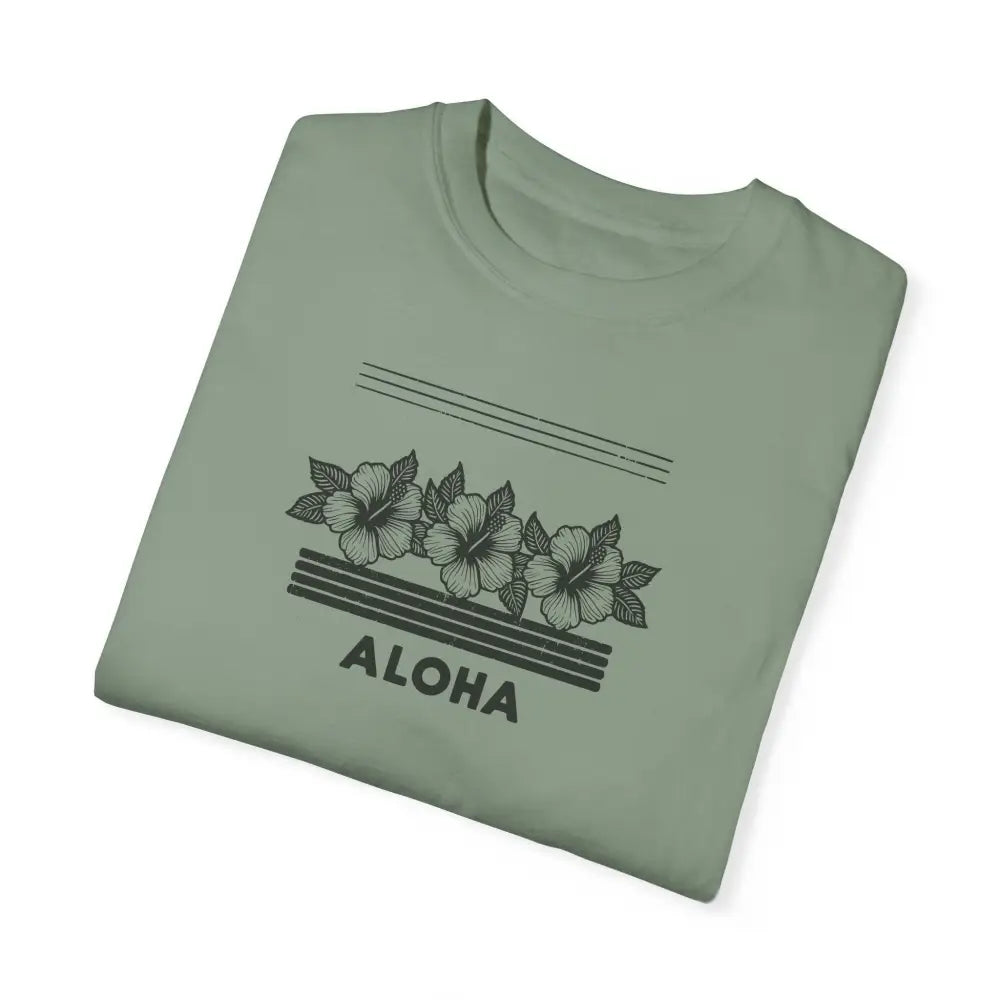 Beautiful hibiscus aloha garment-dyed unisex t-shirt in light green with black flower