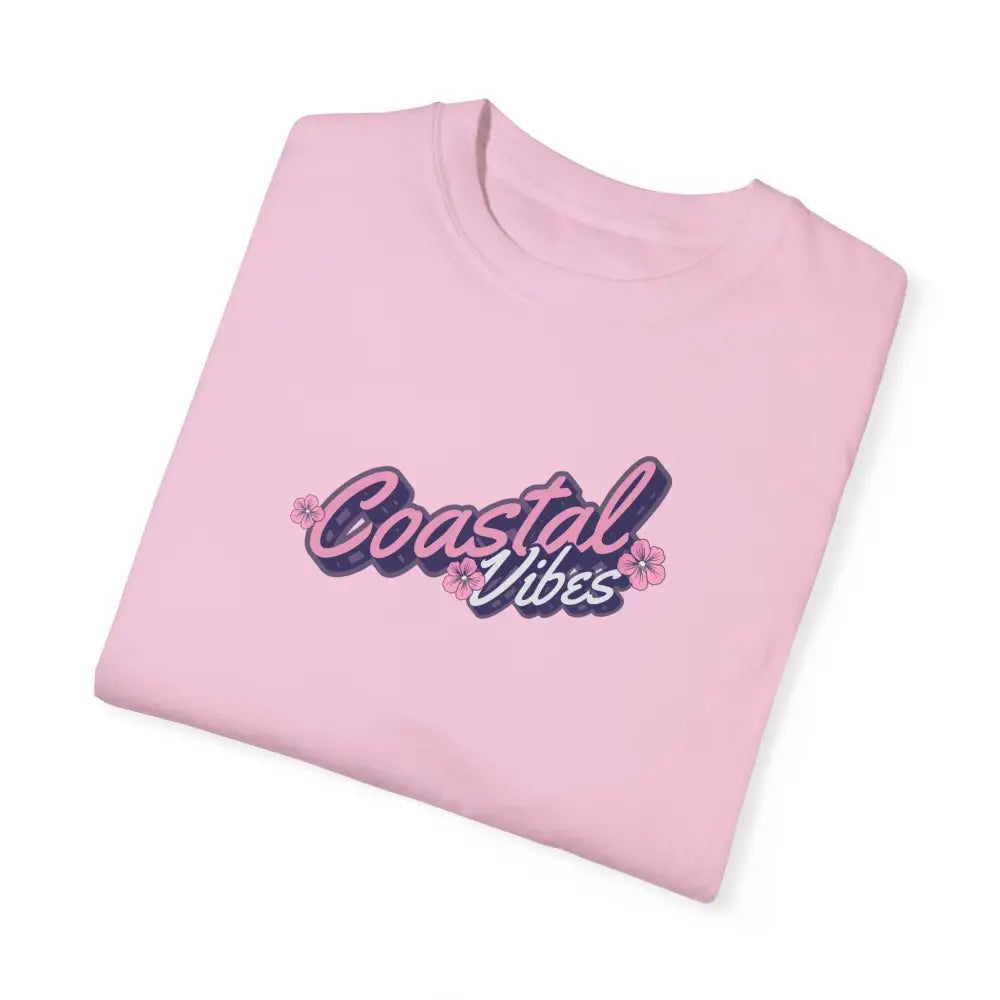 Garment-dyed unisex pink Coastal Vibes graphic tee t-shirt