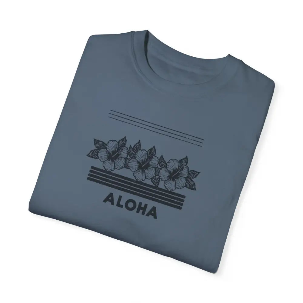 Beautiful Hibiscus Aloha garment-dyed unisex t-shirt in blue-gray floral stripes