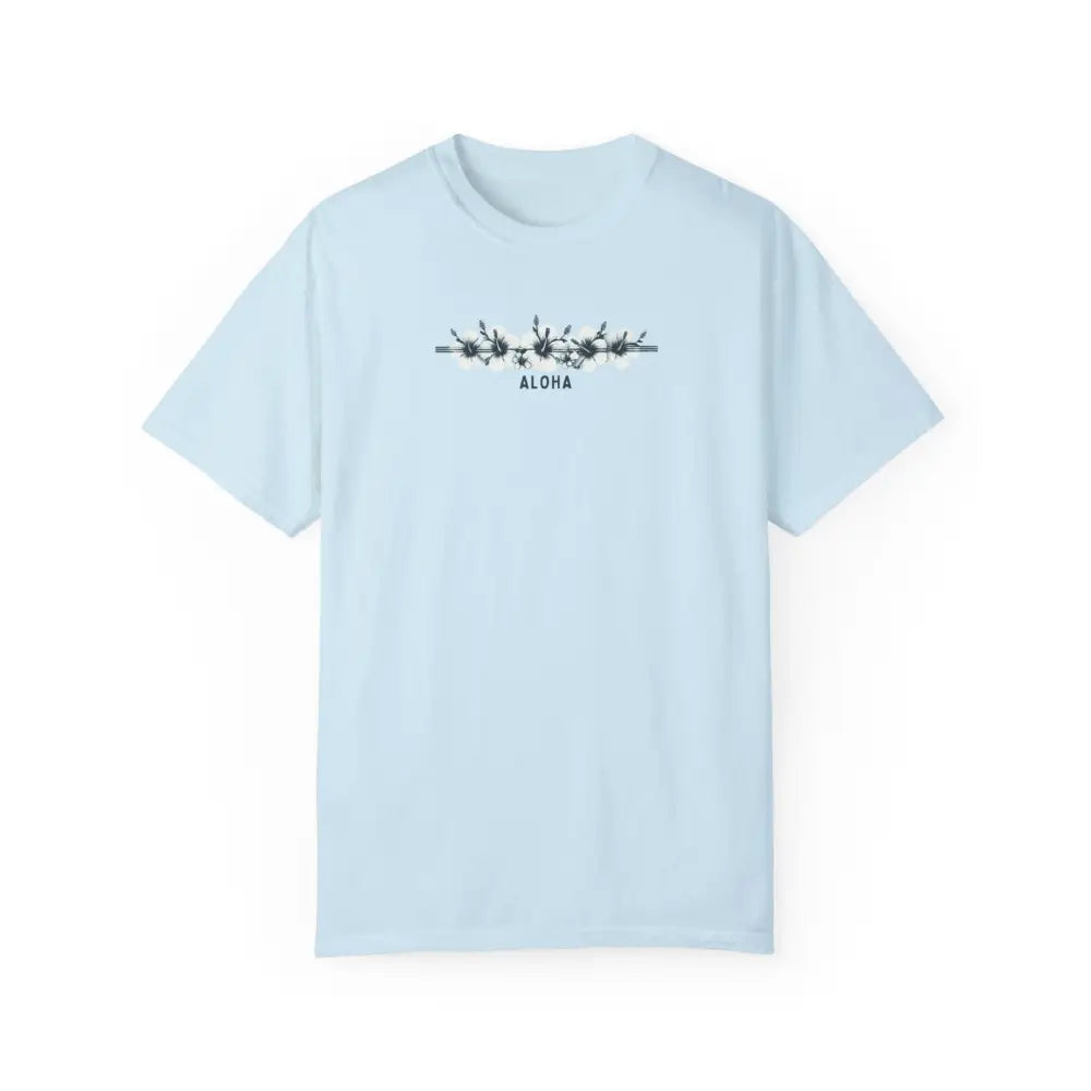 Light blue garment-dyed unisex t-shirt with floral graphic design