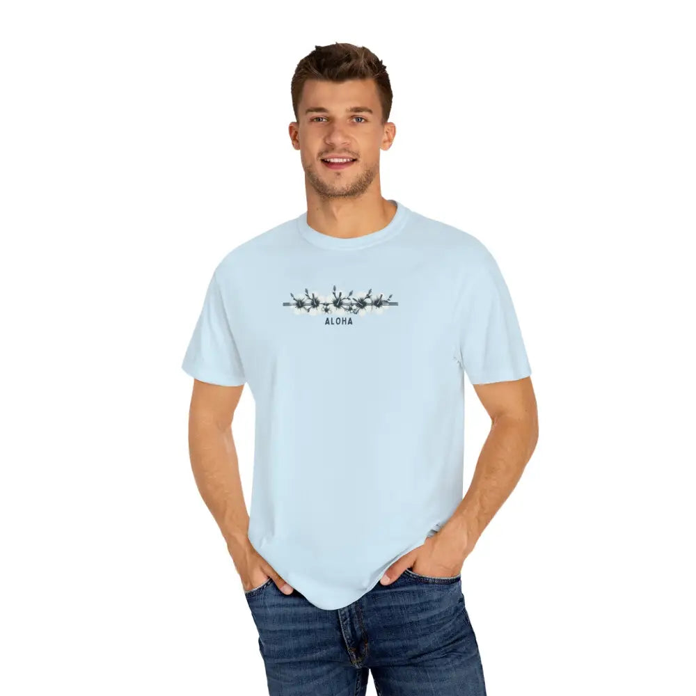 Light blue garment-dyed unisex t-shirt with hibiscus aloha floral graphic