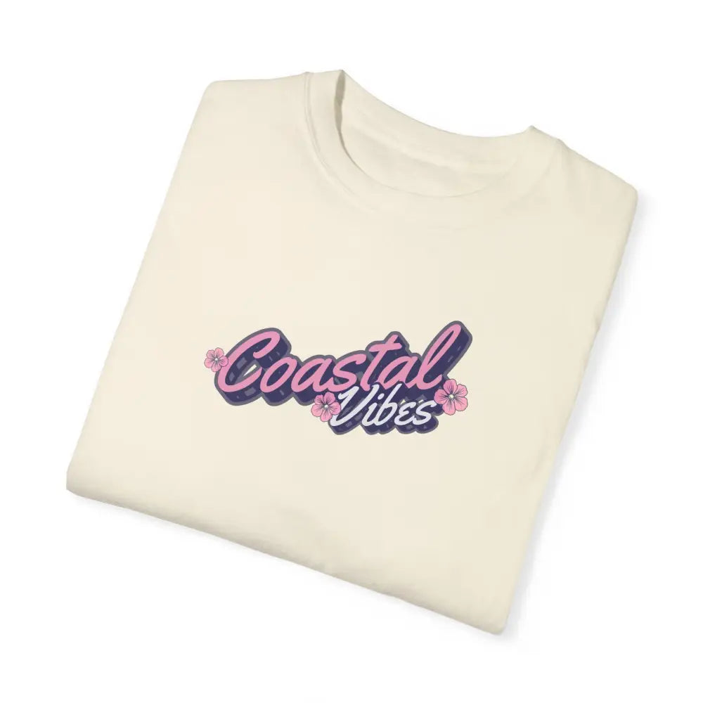 Garment-dyed unisex Coastal Vibes graphic tee in cream short-sleeve