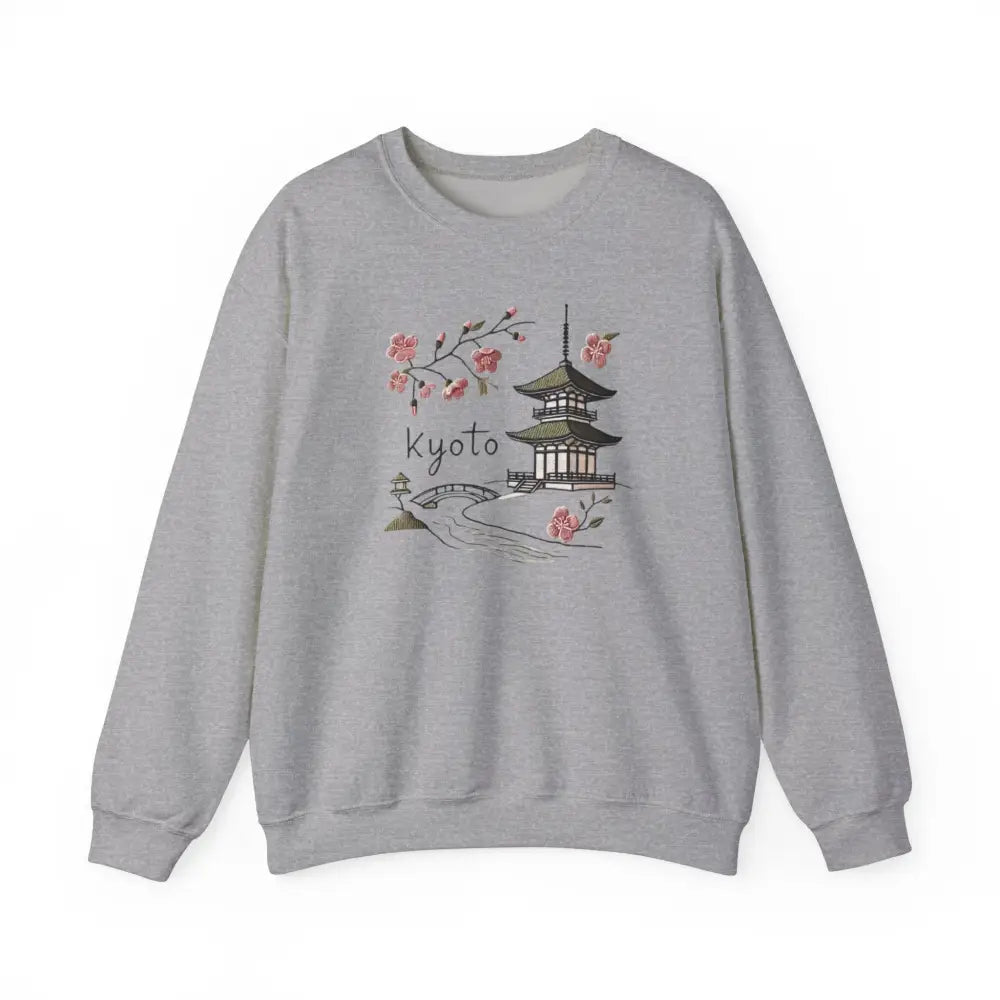 Grey Beautiful Kyoto Japanese pagoda crewneck flat lay – unisex travel graphic sweatshirt